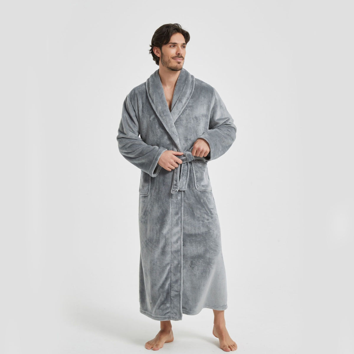 Men's Flannel Bathrobe Grey L Size - Soft Coral Fleece Hooded Kimono Collar Dressing Gown Loose Fit Warm Comfortable Loungewear Home Spa Easy Care Machine Washable