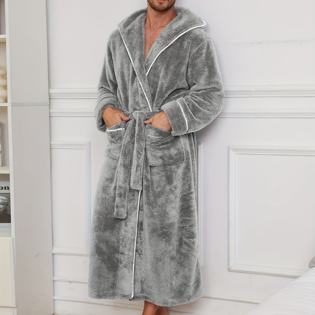 Men's Plush Fleece Hooded Bathrobe Grey XXL Size Shawl Collar Dressing Gown - Thick Warm Soft Winter Loungewear with Belt Deep Pockets Machine Washable Home Spa Comfort Gift Ready