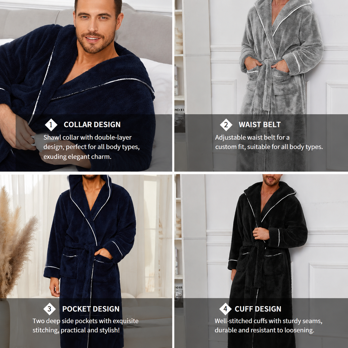 Men's Plush Fleece Hooded Bathrobe Blue XL Size Shawl Collar Dressing Gown - Thick Warm Soft Winter Loungewear with Belt Deep Pockets Machine Washable Home Spa Comfort Gift Ready