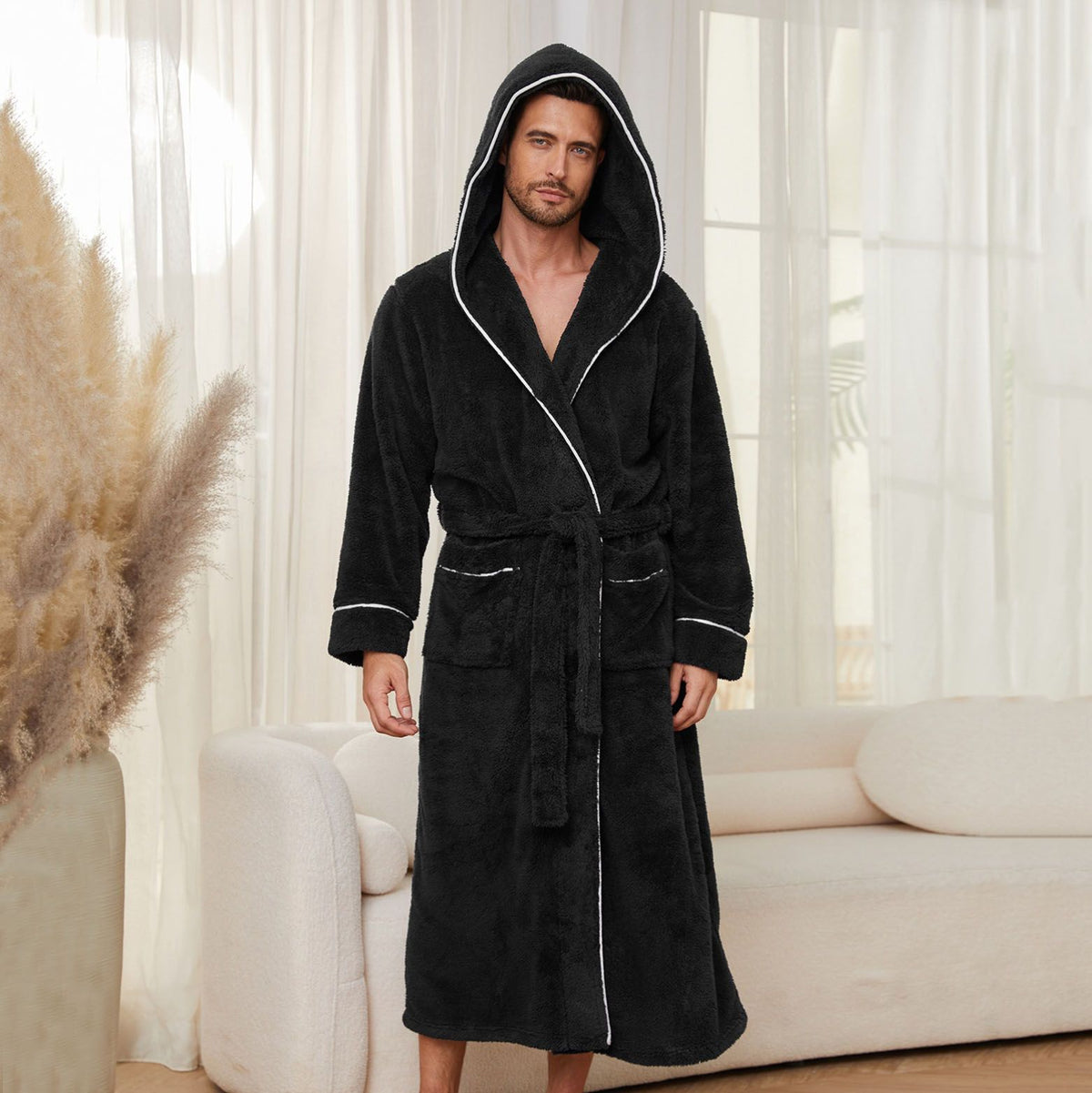 Men's Plush Fleece Hooded Bathrobe Black XL Size Shawl Collar Dressing Gown - Thick Warm Soft Winter Loungewear with Belt Deep Pockets Machine Washable Home Spa Comfort Gift Ready