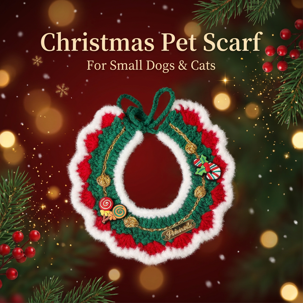 Christmas Pet Collar(White frayed edges) Knitted Festive Dog Cat Collar Red Green Adjustable Soft Lightweight Holiday Pet Accessories for Small Dogs and Cats Party Wear