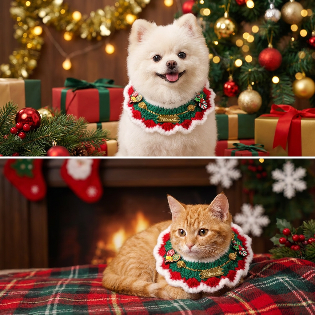 Christmas Pet Collar(White frayed edges) Knitted Festive Dog Cat Collar Red Green Adjustable Soft Lightweight Holiday Pet Accessories for Small Dogs and Cats Party Wear