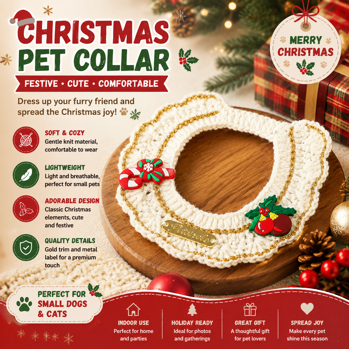 Christmas Pet Collar(Cane and pine cone) Knitted Festive Dog Cat Collar Red Green Adjustable Soft Lightweight Holiday Pet Accessories for Small Dogs and Cats Party Wear