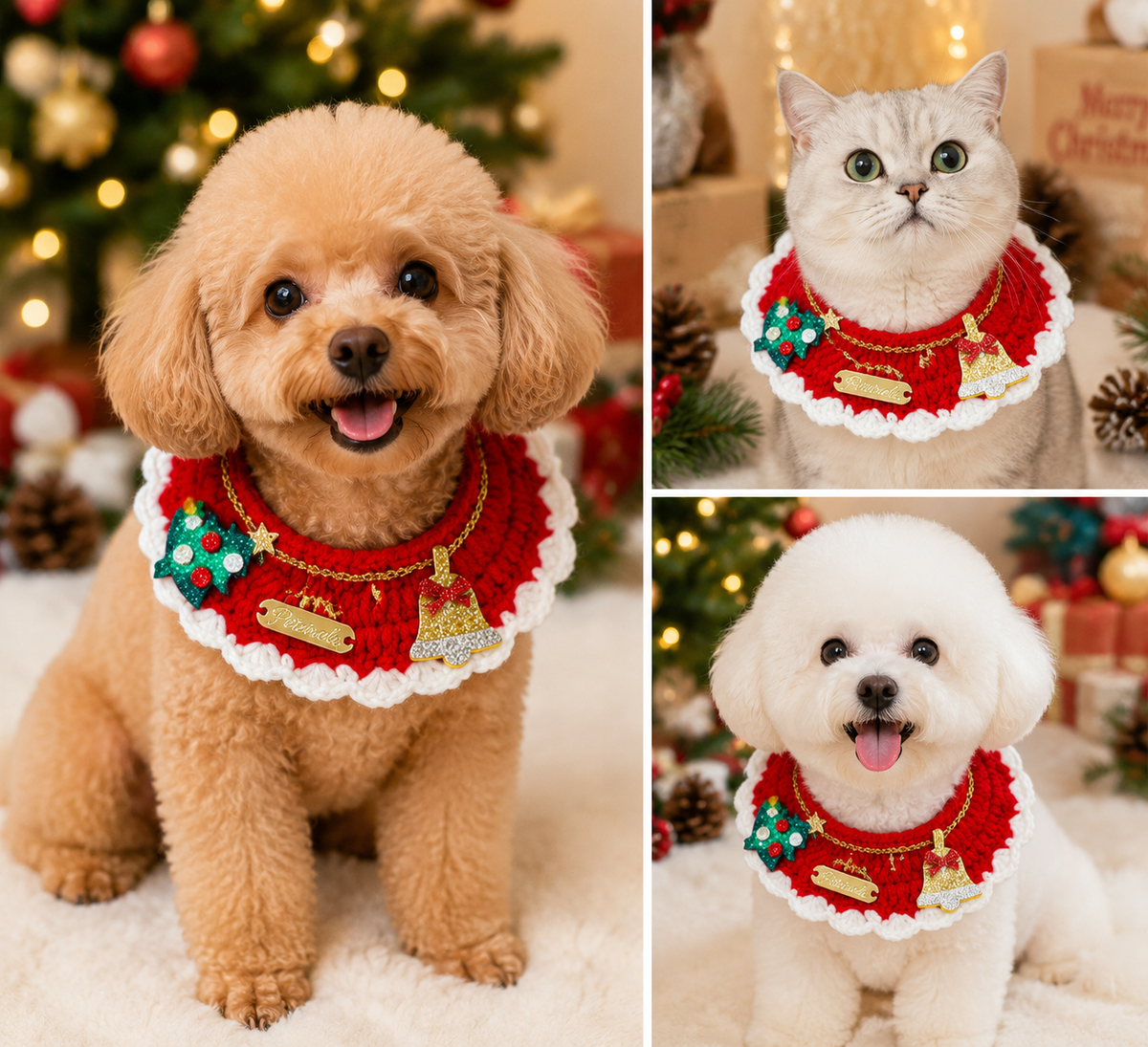 Christmas Pet Collar(Tree bell) Knitted Festive Dog Cat Collar Red Green Adjustable Soft Lightweight Holiday Pet Accessories for Small Dogs and Cats Party Wear