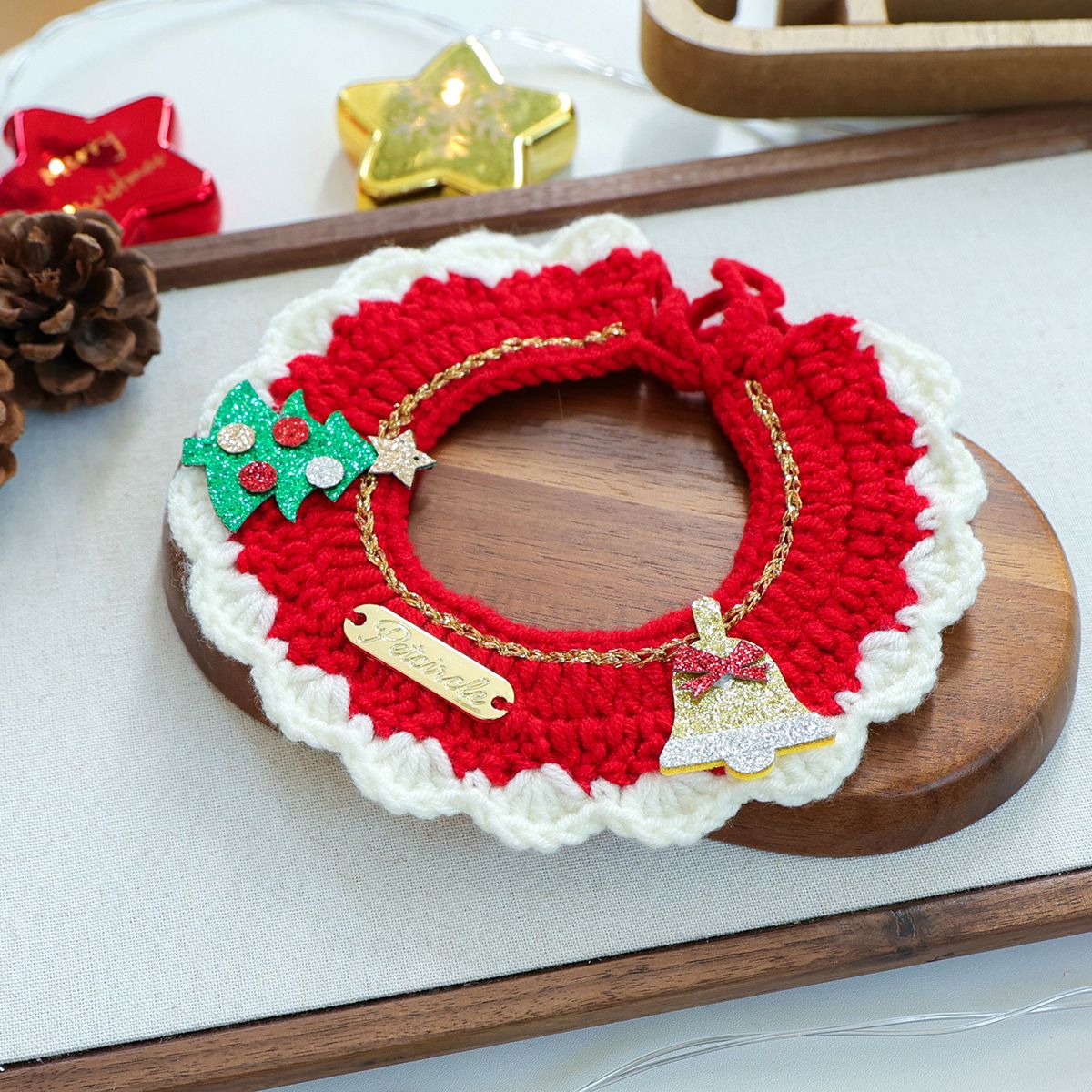 Christmas Pet Collar(Tree bell) Knitted Festive Dog Cat Collar Red Green Adjustable Soft Lightweight Holiday Pet Accessories for Small Dogs and Cats Party Wear