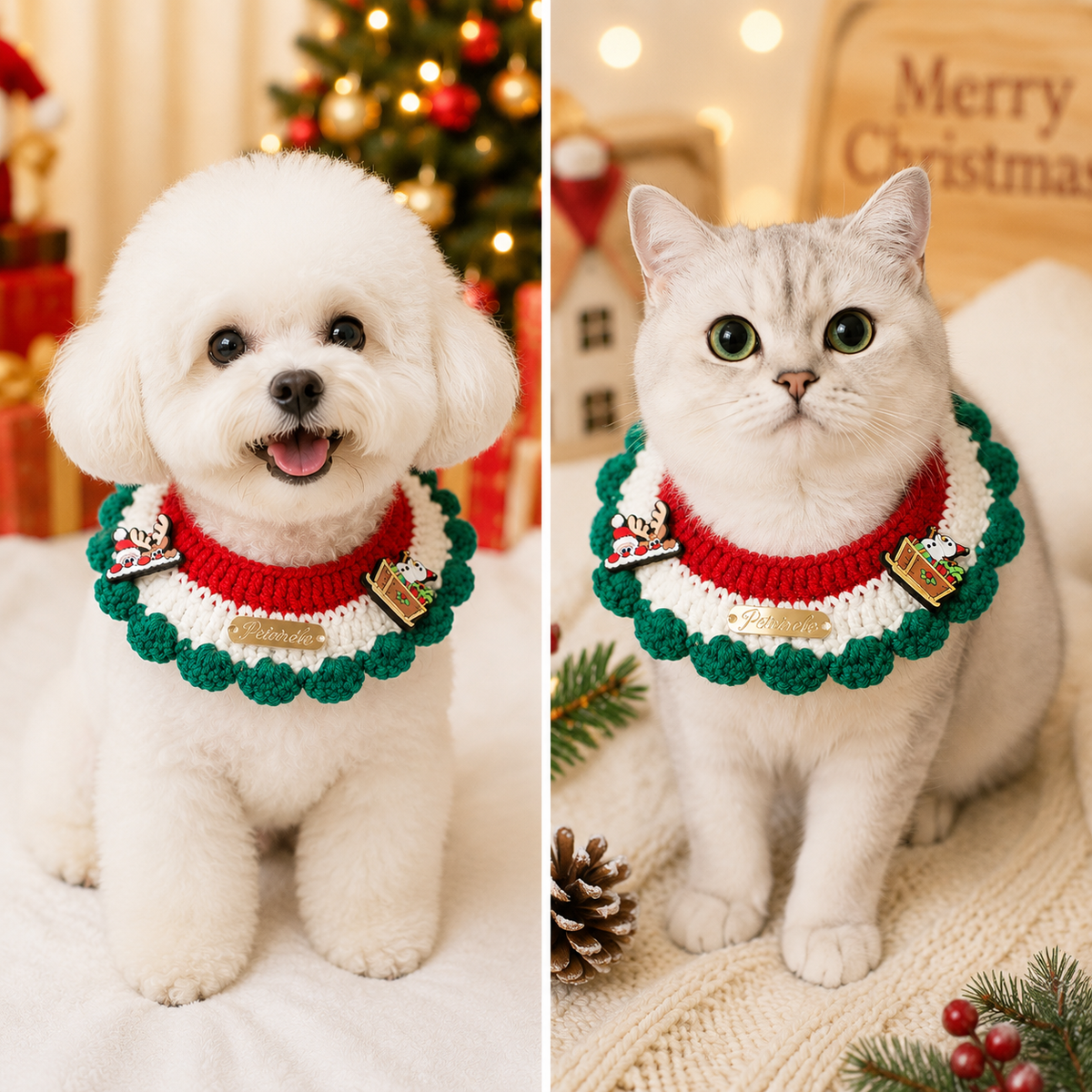 Christmas Pet Collar(Snowman, deer, old man) Knitted Festive Dog Cat Collar Red Green Adjustable Soft Lightweight Holiday Pet Accessories for Small Dogs and Cats Party Wear
