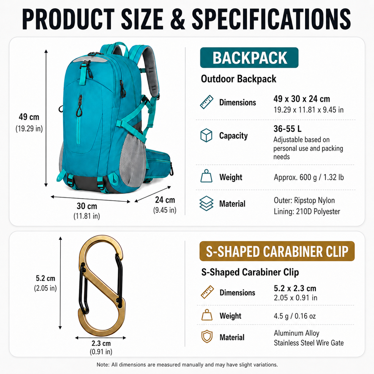 Black Hiking Backpack with 5 Carabiners Included – Lightweight Waterproof Outdoor Daypack for Men and Women, Breathable Cycling Hiking Trekking Camping Travel Backpack