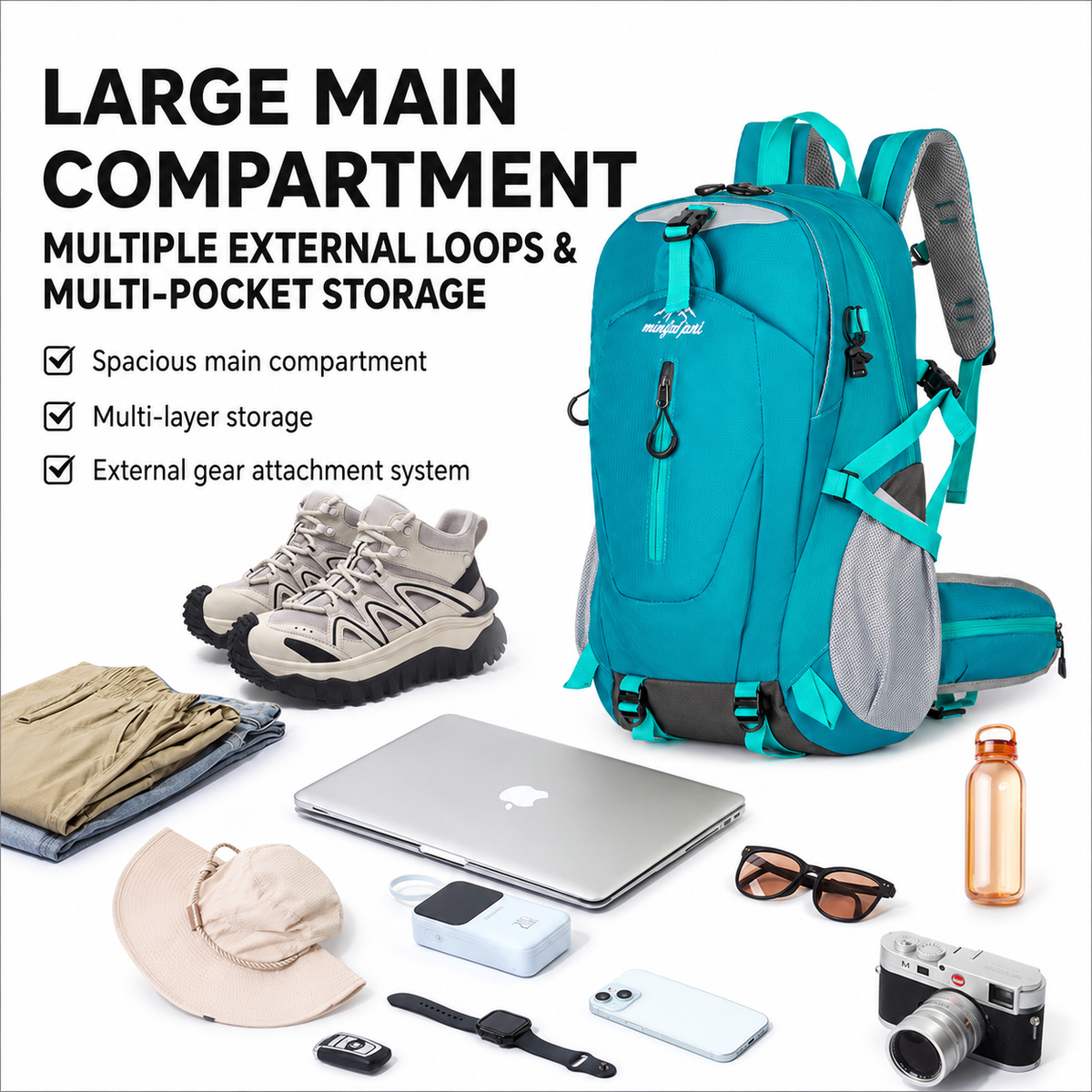 Yellow Hiking Backpack with 5 Carabiners Included – Lightweight Waterproof Outdoor Daypack for Men and Women, Breathable Cycling Hiking Trekking Camping Travel Backpack