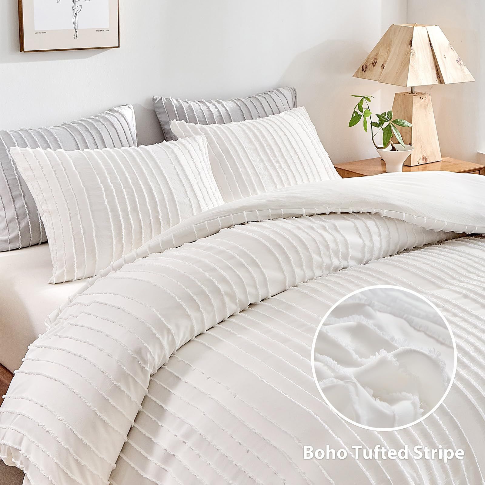 White Tufted Stripe Bedding Set - 3 Piece Quilt Cover and Pillowcase Set -(Queen)
