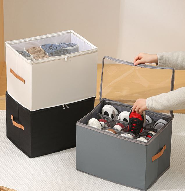 Black Foldable Shoe Storage Box with Dustproof Clear Top Window, 16 Grid Dividers, Sock Pockets & Handle - Moisture Resistant Oxford Shoe Organizer, Free Installation and Compact for Closet Bedroom Home Storage