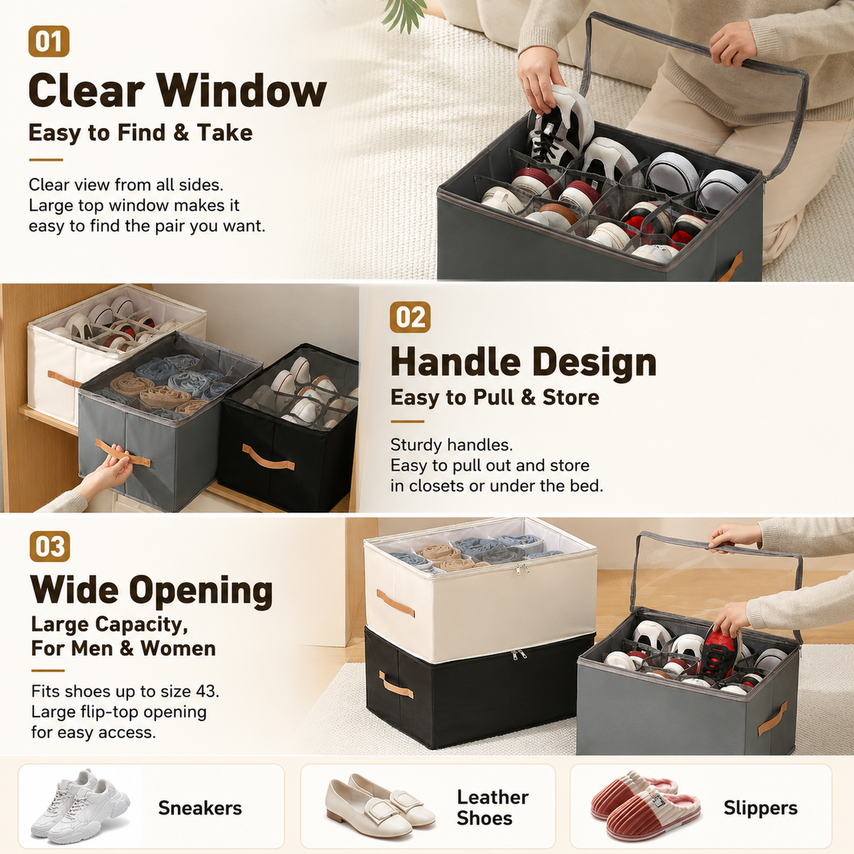 Beige Foldable Shoe Storage Box with Dustproof Clear Top Window, 12 Grid Dividers & Handle - Moisture Resistant Oxford Shoe Organizer, Free Installation and Compact for Closet Bedroom Home Storage