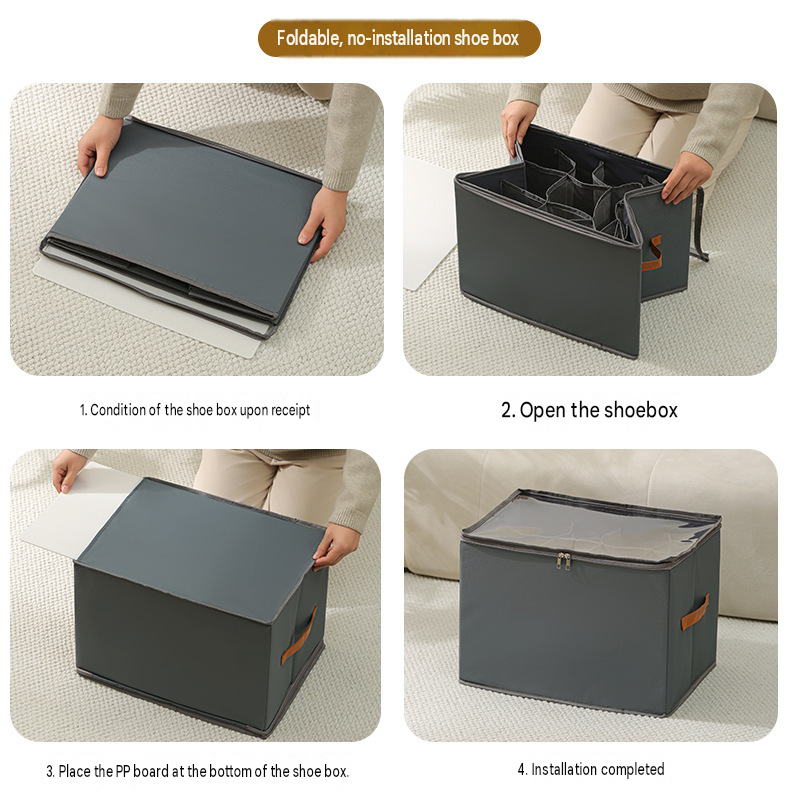 Beige Foldable Shoe Storage Box with Dustproof Clear Top Window, 12 Grid Dividers & Handle - Moisture Resistant Oxford Shoe Organizer, Free Installation and Compact for Closet Bedroom Home Storage