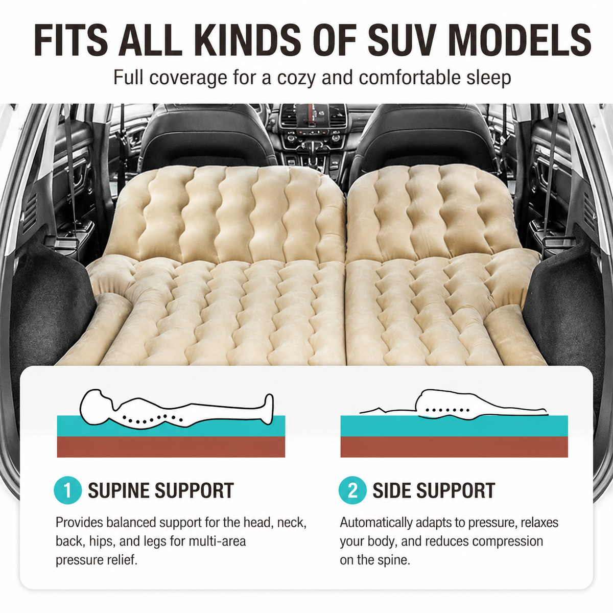 Grey Large Inflatable Universal Car Air Mattress with 2 Pillows, Pump and Storage Bag - Dual Zone Split Bed Soft Flocked Camping Travel Bed Integrated Head / Backrest Buffer for SUV MPV Long drives