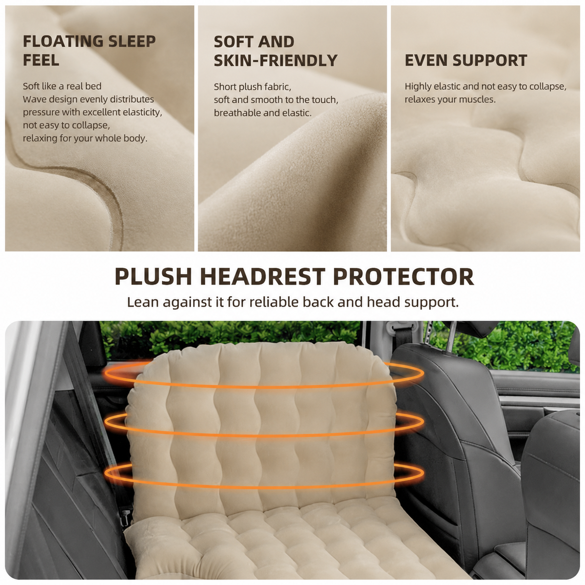 Grey Large Inflatable Universal Car Air Mattress with 2 Pillows, Pump and Storage Bag - Dual Zone Split Bed Soft Flocked Camping Travel Bed Integrated Head / Backrest Buffer for SUV MPV Long drives