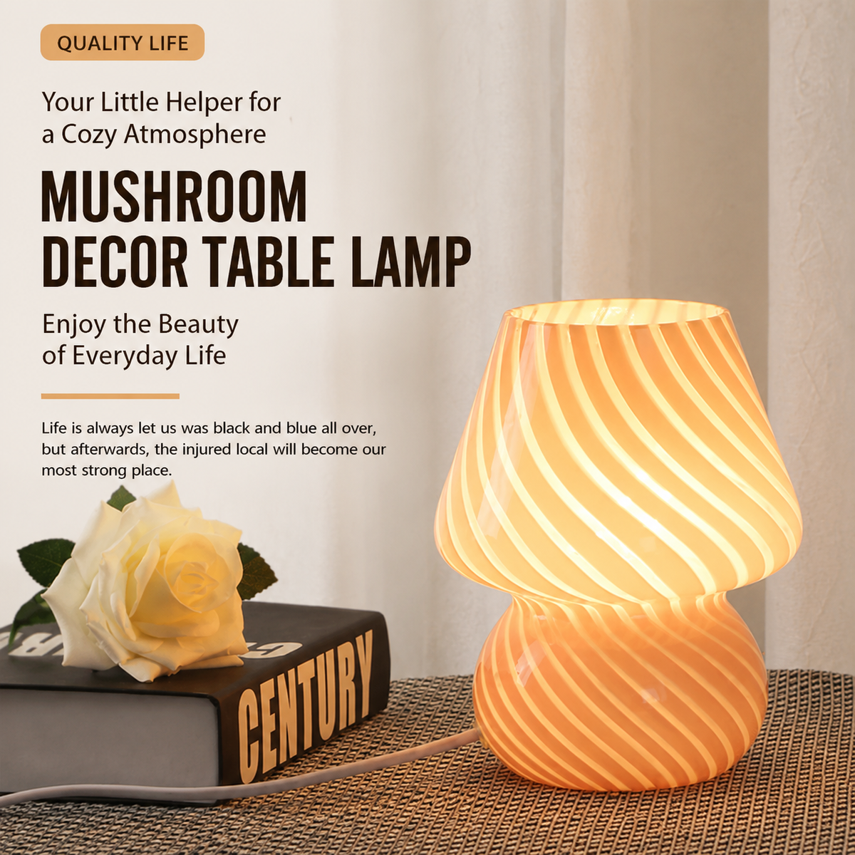 Green Striped Retro All Glass Mushroom Table Lamp (2 Pack) - American Style Creative Bedside Nightstand Ambient Light, AU Plug with 3-Color Switching