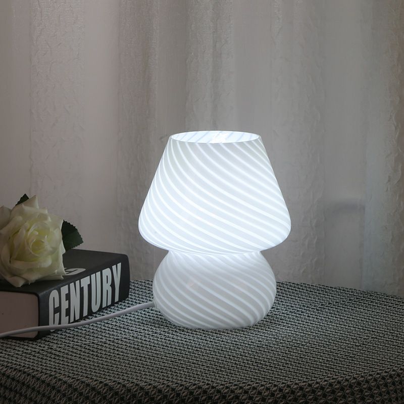 White Striped Retro All Glass Mushroom Table Lamp (2 Pack) - American Style Creative Bedside Nightstand Ambient Light, AU Plug with 3-Color Switching