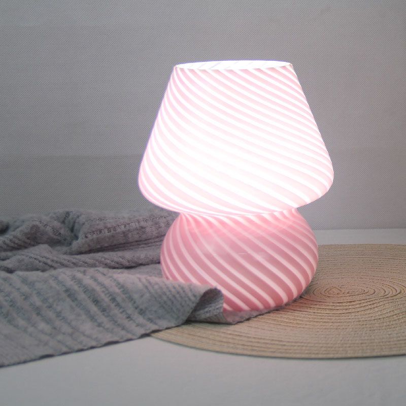 Pink Striped Retro All Glass Mushroom Table Lamp (2 Pack) - American Style Creative Bedside Nightstand Ambient Light, USB Plug with 3-Color Switching and Brightness Dimmable