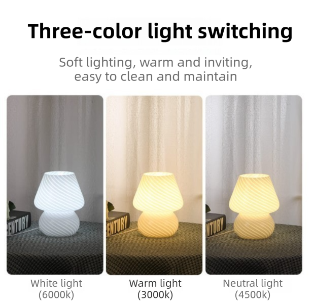 Pink Striped Retro All Glass Mushroom Table Lamp (2 Pack) - American Style Creative Bedside Nightstand Ambient Light, USB Plug with 3-Color Switching and Brightness Dimmable