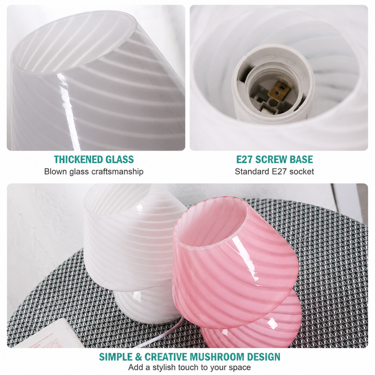Pink Striped Retro All Glass Mushroom Table Lamp (2 Pack) - American Style Creative Bedside Nightstand Ambient Light, USB Plug with 3-Color Switching and Brightness Dimmable