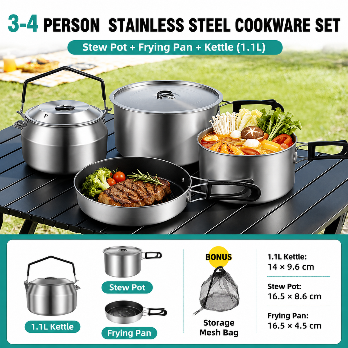 3-Piece Food Grade Stainless Steel Camping Cookware Set with 1.1L Kettle, Medium Stew Pot and Medium Frying Pan - Hangable and Foldable, Compact Nesting Storage, Anti Scald Wrapped Handle
