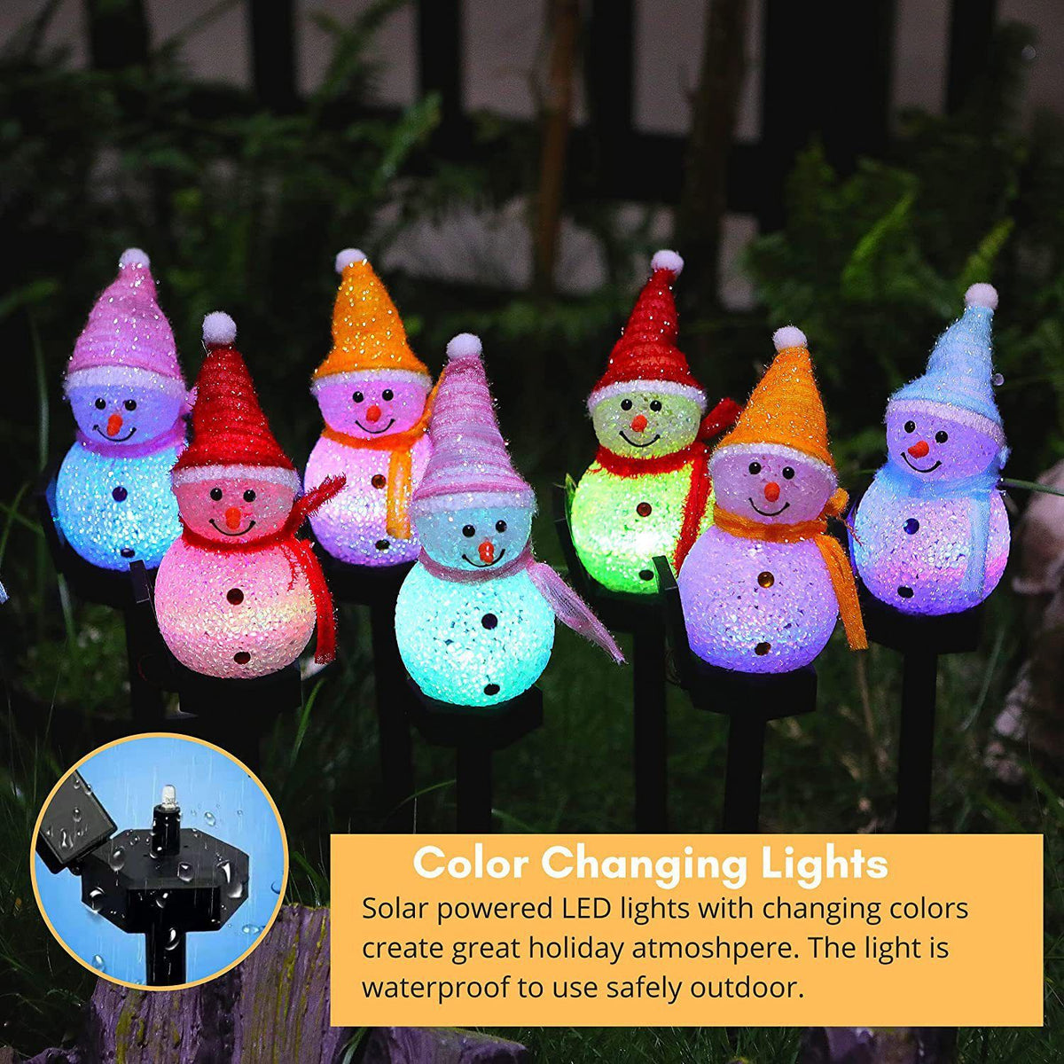 Blue Snowman Solar Powered Outdoor Lawn Stake Light with Snow Grain Texture - Christmas LED Garden Pathway Color Changing Light & Festive Landscape Night Light