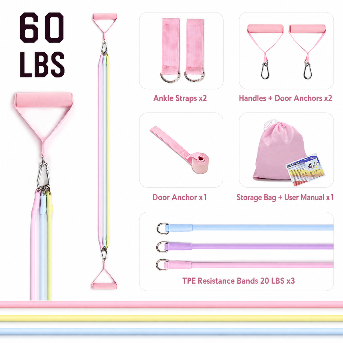 Women's Multifunctional 60 lbs Resistance Band Set with Storage Bag, Foam Handles and Ankle Straps for Home Fitness & Pilates Workout (Pink Macaron Carabiners Style)
