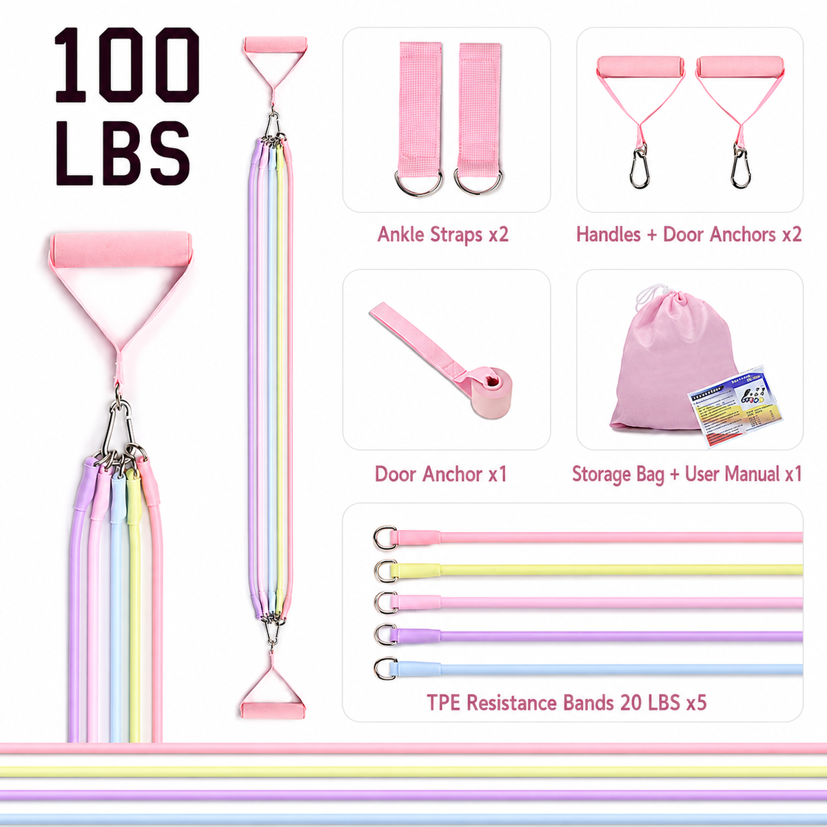 Women's Multifunctional 100 lbs Resistance Band Set with Storage Bag, Foam Handles and Ankle Straps for Home Fitness & Pilates Workout (Pink Macaron Carabiners Style)