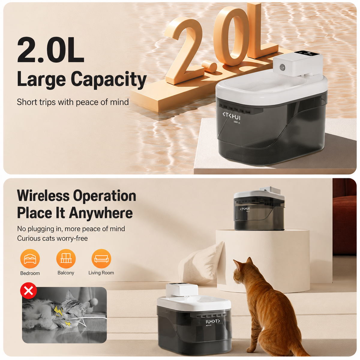 Pure Black and White Smart Motion Sensor Wireless Pet Water Fountain - 2L Cordless Quiet Automatic Water Dispenser with Quadruple Filtration for Cats and Dogs