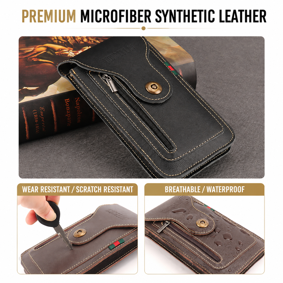 Black Vertical Leather Phone Holster with 3 Pockets and Carabiner Clip - Belt Loop Waist Bag & Outdoor Pouch (Large Size)