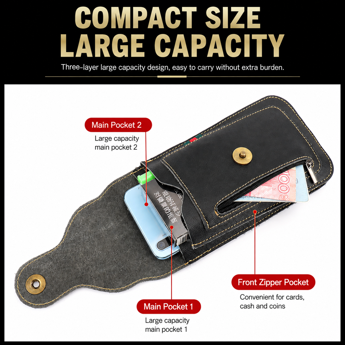 Black Vertical Leather Phone Holster with 3 Pockets and Carabiner Clip - Belt Loop Waist Bag & Outdoor Pouch (Large Size)