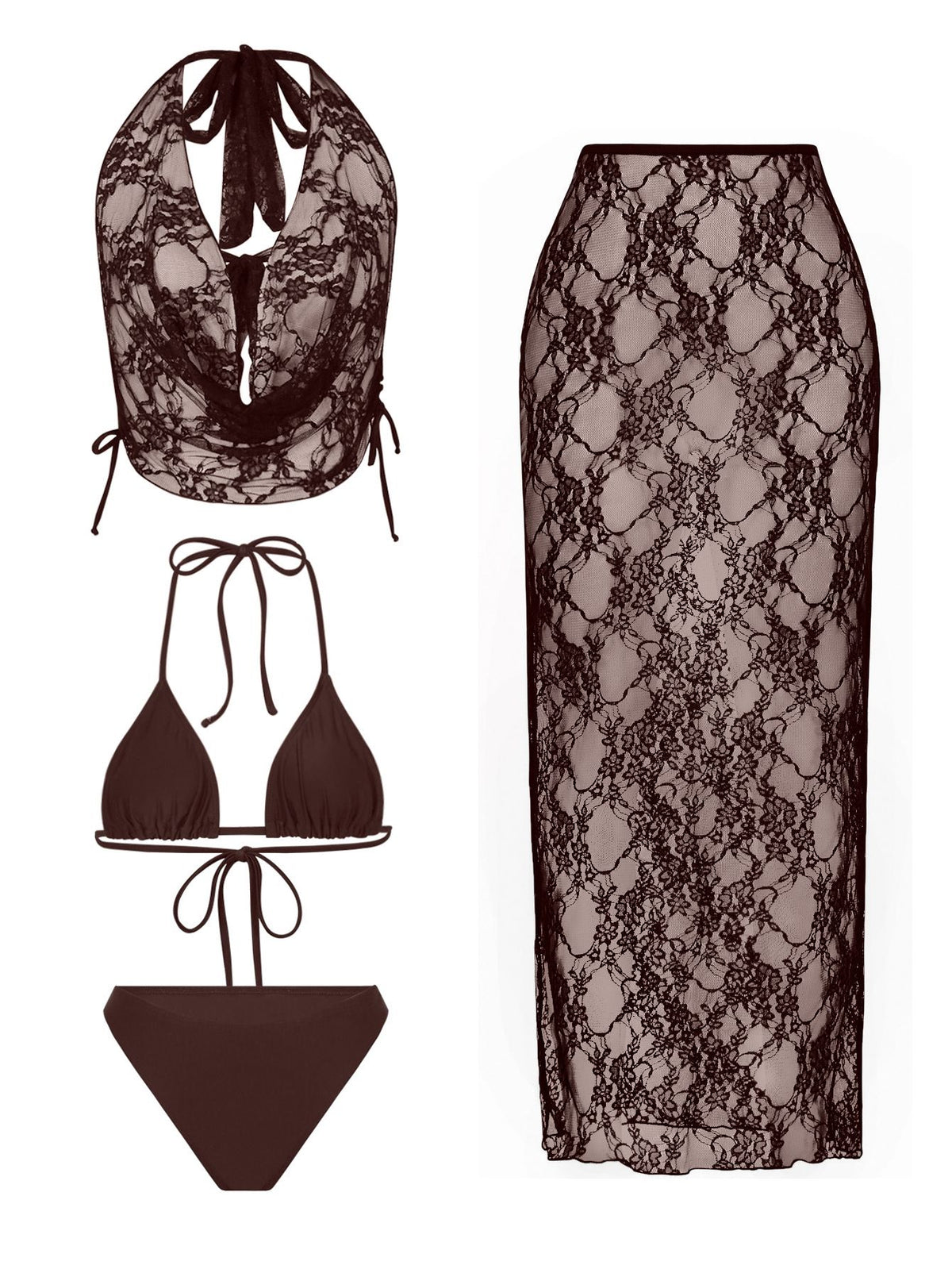 4 Piece Women's Sexy Lace Bikini Swimsuit Set, Coffee XL Size - High Elasticity Triangle String Bikini Top & Bottom, Sheer Lace Cover-Up Top and Maxi Skirt