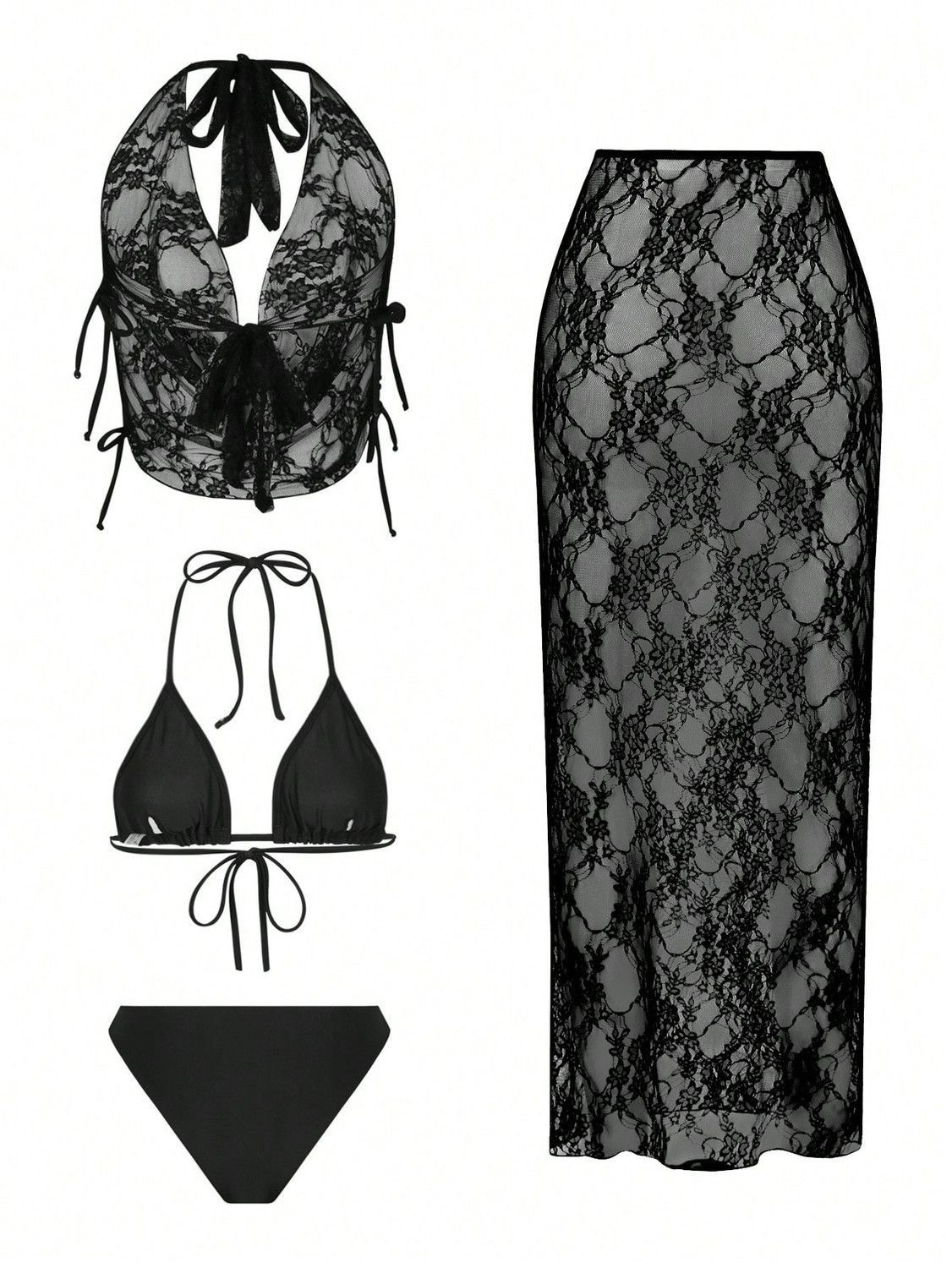 4 Piece Women's Sexy Lace Bikini Swimsuit Set, Black M Size - High Elasticity Triangle String Bikini Top & Bottom, Sheer Lace Cover-Up Top and Maxi Skirt