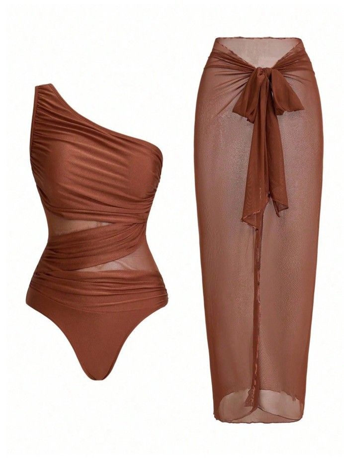 Camel Stylish One-Shoulder One-Piece Swimsuit + Sheer Mesh Sarong Wrap Skirt Set (S Size) - Women's Elegant Ruched Crossover Tummy Control Beachwear with Wireless Chest Padding for Beach Holiday Party
