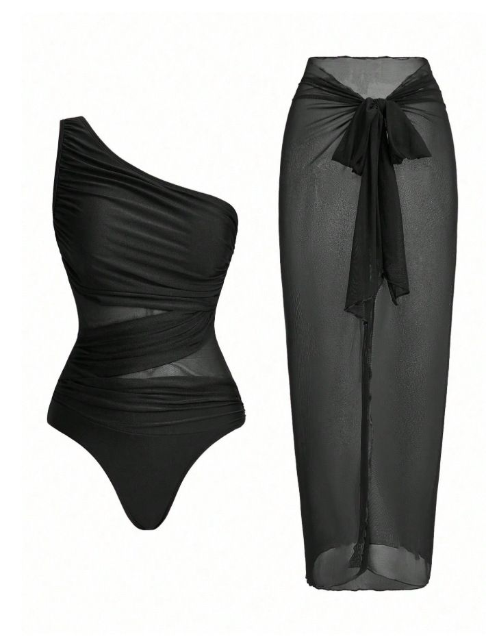 Black Stylish One-Shoulder One-Piece Swimsuit + Sheer Mesh Sarong Wrap Skirt Set (L Size) - Women's Elegant Ruched Crossover Tummy Control Beachwear with Wireless Chest Padding for Beach Holiday Party