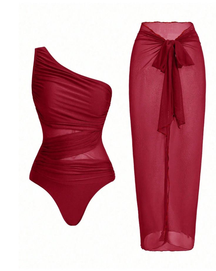 Red Stylish One-Shoulder One-Piece Swimsuit + Sheer Mesh Sarong Wrap Skirt Set (S Size) - Women's Elegant Ruched Crossover Tummy Control Beachwear with Wireless Chest Padding for Beach Holiday Party