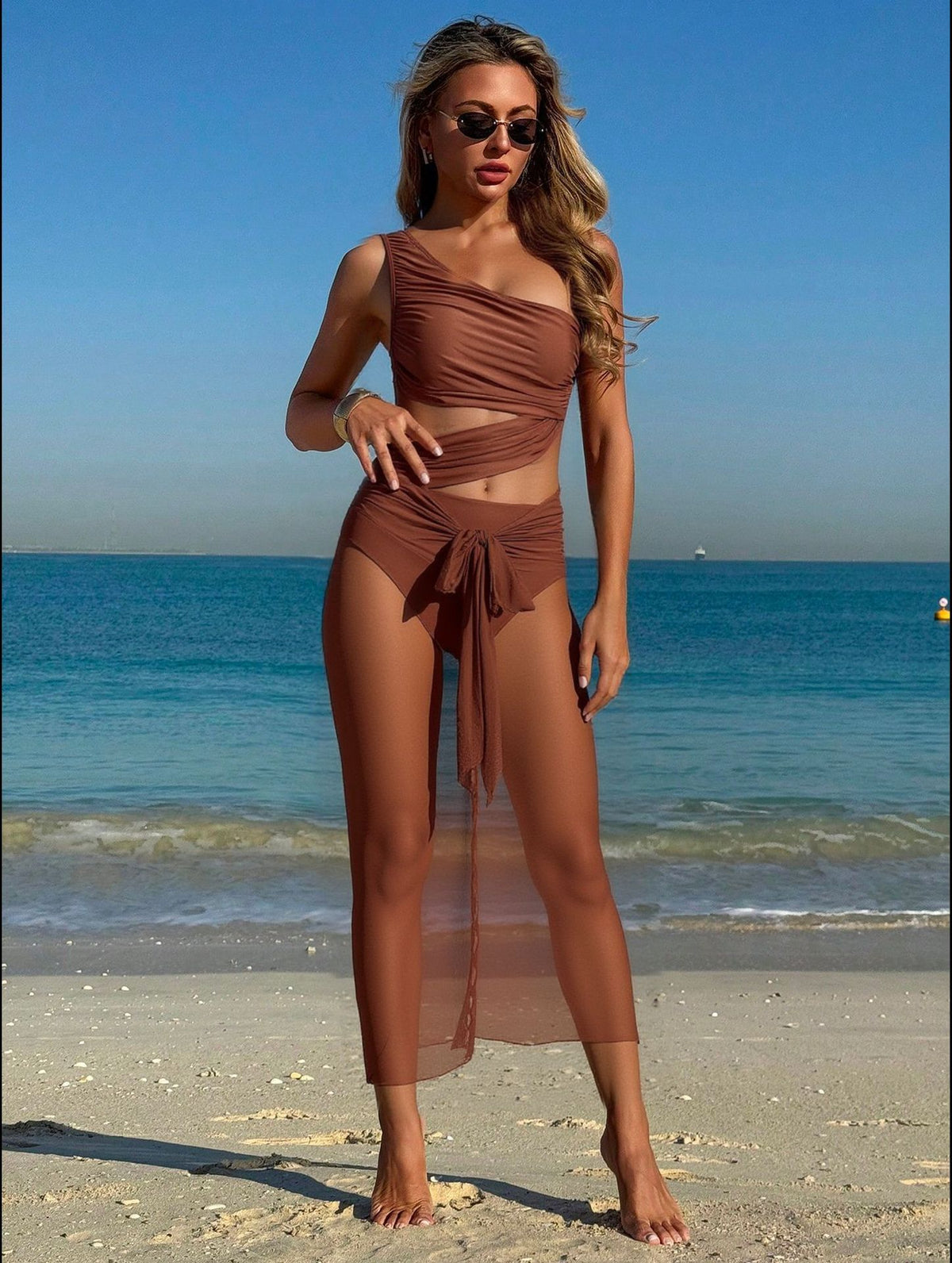 Red Stylish One-Shoulder One-Piece Swimsuit + Sheer Mesh Sarong Wrap Skirt Set (L Size) - Women's Elegant Ruched Crossover Tummy Control Beachwear with Wireless Chest Padding for Beach Holiday Party