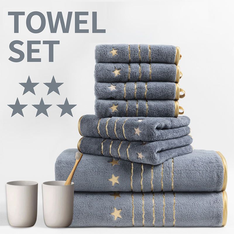 8-Piece Grey Luxury Coral Fleece Bath Towel Set - Gold Star Embroidery Ultra Absorbent Soft Plush Towels for Hotel Spa & Bathroom