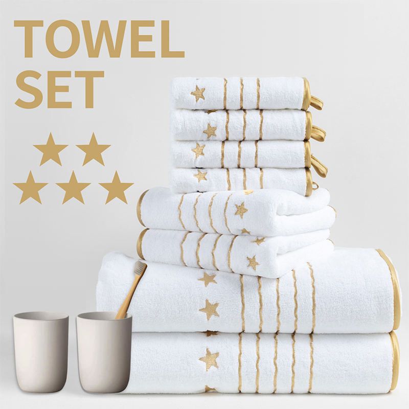 8-Piece White Luxury Coral Fleece Bath Towel Set - Gold Star Embroidery Ultra Absorbent Soft Plush Towels for Hotel Spa & Bathroom