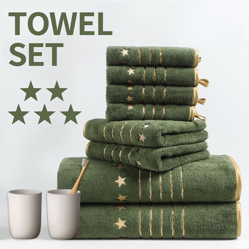 8-Piece Green Luxury Coral Fleece Bath Towel Set - Gold Star Embroidery Ultra Absorbent Soft Plush Towels for Hotel Spa & Bathroom
