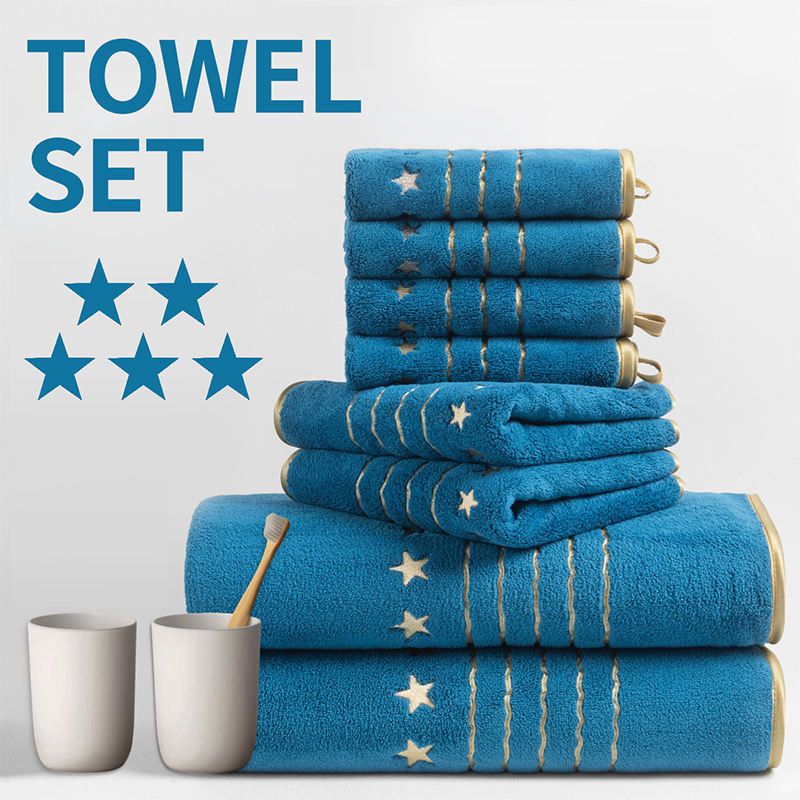 8-Piece Blue Luxury Coral Fleece Bath Towel Set - Gold Star Embroidery Ultra Absorbent Soft Plush Towels for Hotel Spa & Bathroom