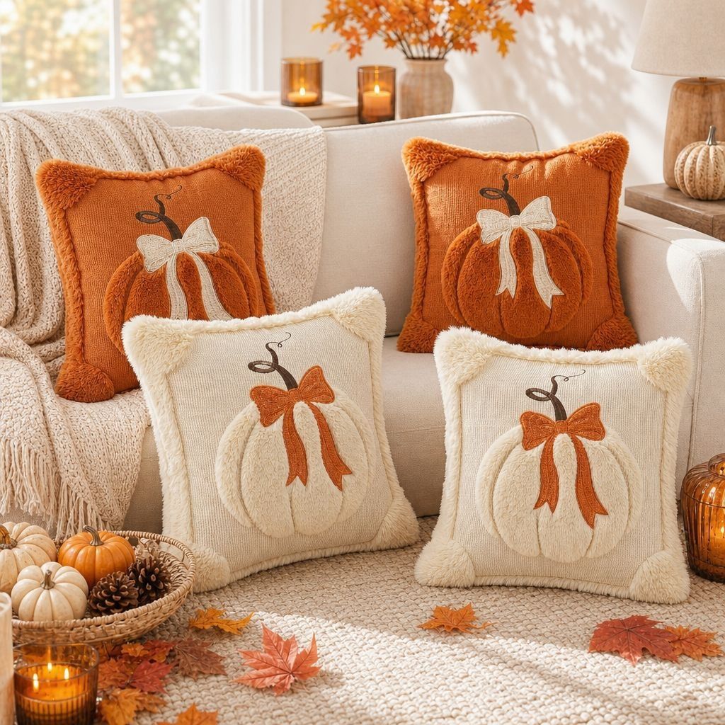2 PCS Beige Christmas Tree Embroidered Cushion Cover (45 x 45cm) - 3D Quilted Red Bow Decorative Soft Throw Pillowcase for Christmas, Sofa and Home Decor