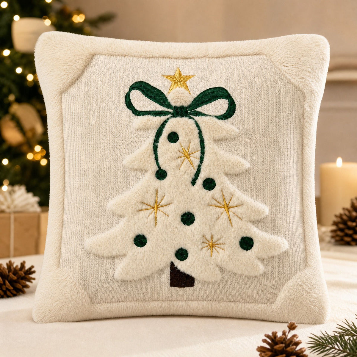 2 PCS Beige Christmas Tree Embroidered Cushion Cover (45 x 45cm) - 3D Quilted Green Bow Decorative Soft Throw Pillowcase for Christmas, Sofa and Home Decor