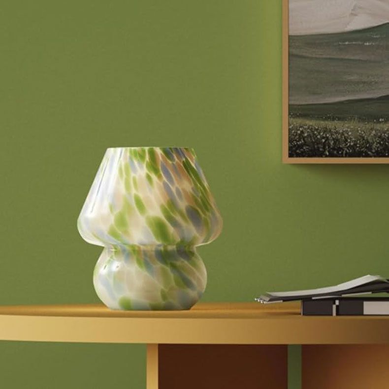 Colorful Blue Spot Hand Blown Glass Mushroom Table Lamp - Compact Nordic Bedside Desk Light with Artistic Glass Shade and Toggle Switch for Bedroom and Home Decor