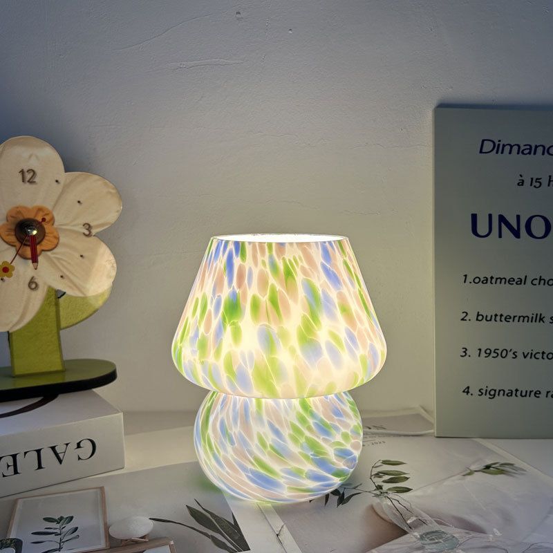 Colorful Blue Spot Hand Blown Glass Mushroom Table Lamp - Compact Nordic Bedside Desk Light with Artistic Glass Shade and Toggle Switch for Bedroom and Home Decor