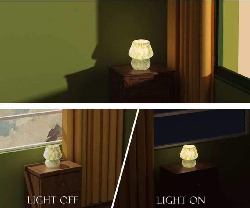 Blue Spot Hand Blown Glass Mushroom Table Lamp - Compact Nordic Bedside Desk Light with Artistic Glass Shade and Toggle Switch for Bedroom and Home Decor