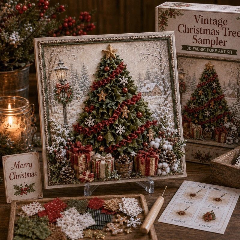 Christmas Tree 3D Fabric Poke Art Kit - 20 x 20cm No Sew DIY Craft Set with Pre Cut Fabric and Poking Tool, Christmas Handmade Decor and Gift Activity