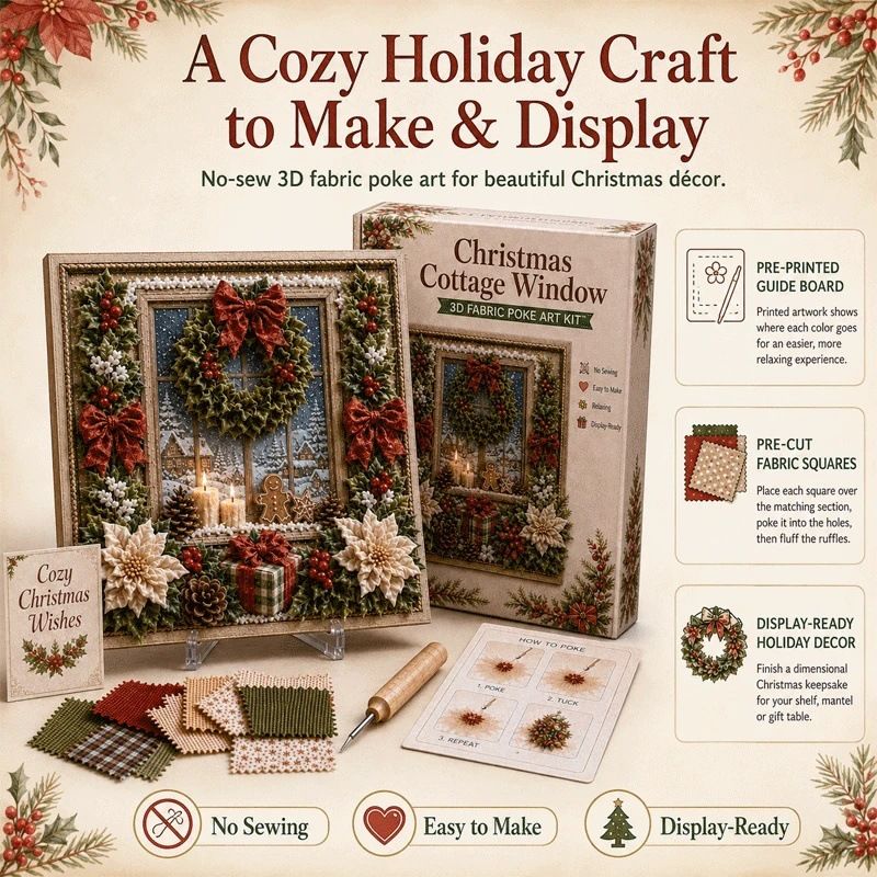 Christmas Tree 3D Fabric Poke Art Kit - 20 x 20cm No Sew DIY Craft Set with Pre Cut Fabric and Poking Tool, Christmas Handmade Decor and Gift Activity
