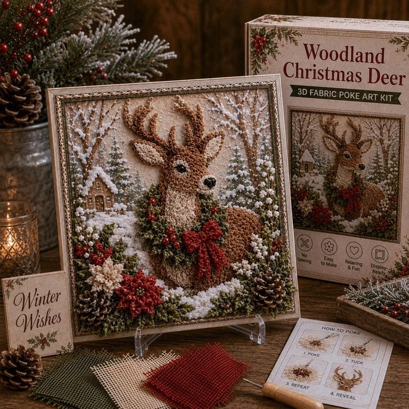 Christmas Deer 3D Fabric Poke Art Kit - 20 x 20cm No Sew DIY Craft Set with Pre Cut Fabric and Poking Tool, Christmas Handmade Decor and Gift Activity