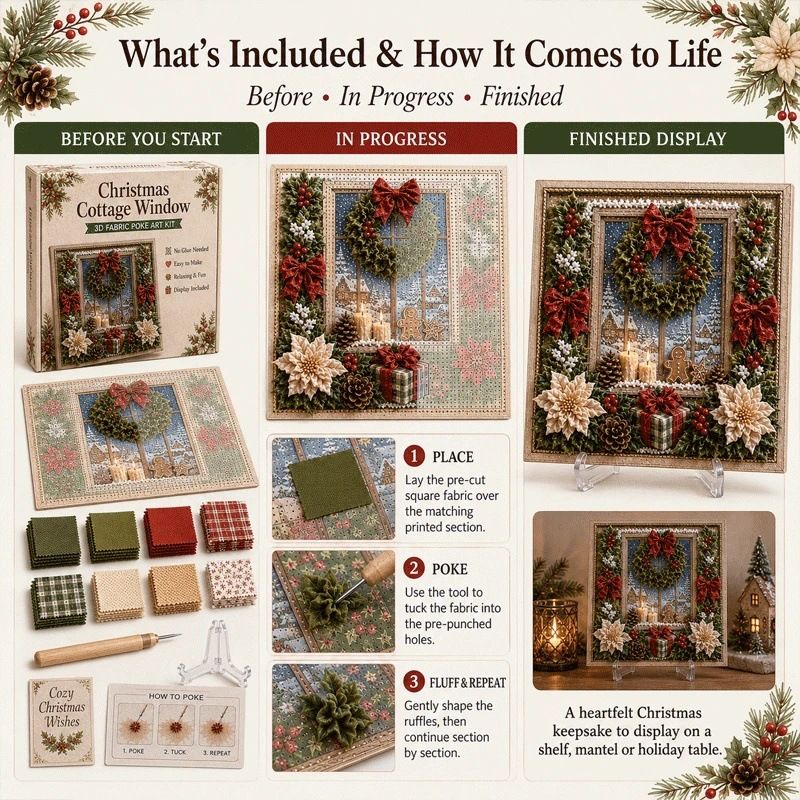 Christmas Deer 3D Fabric Poke Art Kit - 20 x 20cm No Sew DIY Craft Set with Pre Cut Fabric and Poking Tool, Christmas Handmade Decor and Gift Activity