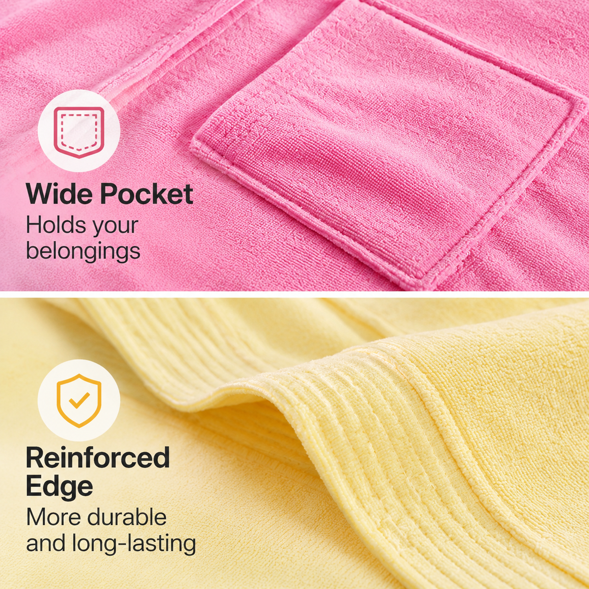 Pink Soft Absorbent 100% Cotton Terry Bathrobe - 120cm Long Adult Towel Robe with 140cm Chest, Overlapping Collar, Waist Belt and Pockets for Home Bath and Spa